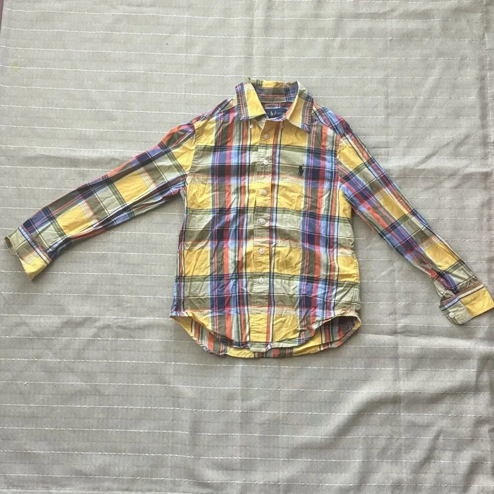 Boys Ralph Lauren Long Sleeve Button Up Plaid Yellow Size 8 Great Condition